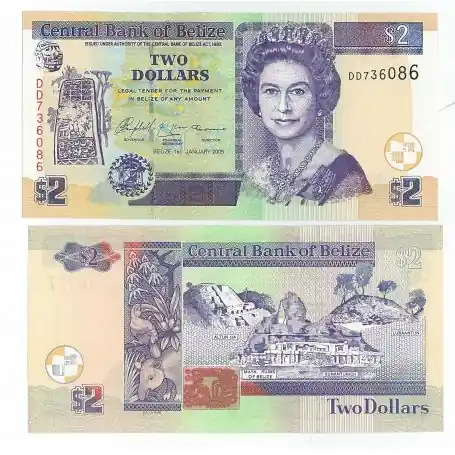 Billet de banque Belize Pk N° 66 - 2 Dollars Prix Cassé