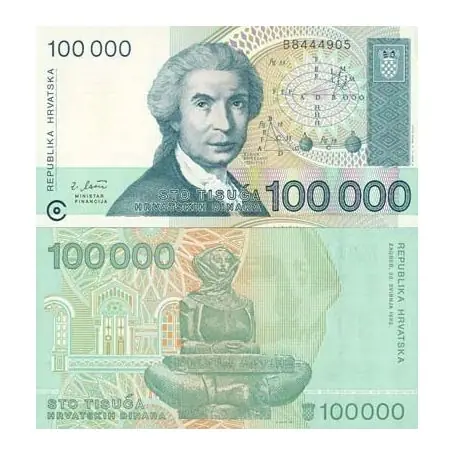 Billets banque Croatie Pk N° 27 - 100000 Dinara Paiement Sécurisé