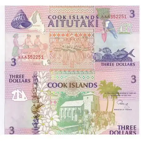 ILES COOK - Pk N° 7 - Billet de collection de 3 Dollars Top Qualité
