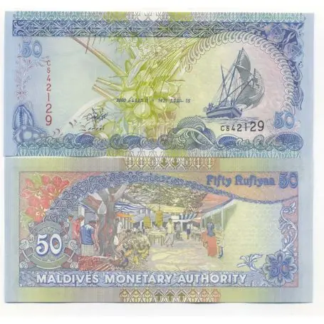 Billets de banque Maldives Pk N° 21 - 50 Rufiyaa Authentique
