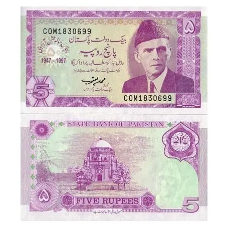 Billets collection Pakistan Pk N° 44 - 5 Ruppees Seulement Aujourd’hui