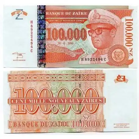 Dernier Modèle Billets banque Zaire Pk N° 77 - 100 000 Zaires