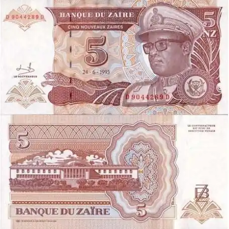 Acheter Direct Billets de banque Zaire Pk N° 53 - 5 Nouveaux Zaires