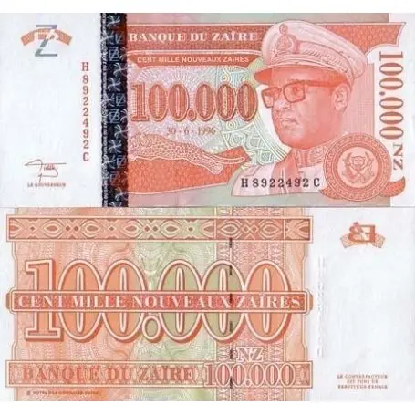 Billets banque Zaire Pk N° 76 - 100000 Nouveaux Zaires Nouvelle Collection
