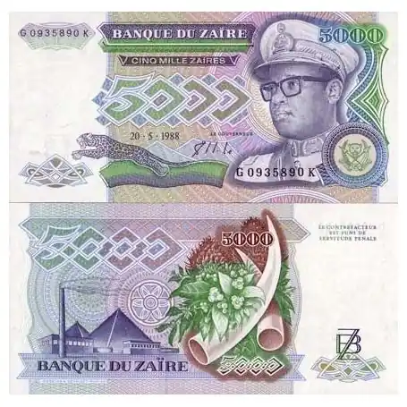 Vente Flash Billet de banque Zaire Pk N° 37 - 5000 Zaires