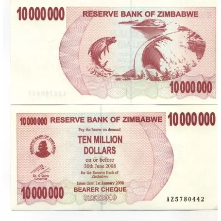 Billet de banque Zimbabwe Pk N° 55 - 10000000 Dollars bearer Affaire À Saisir