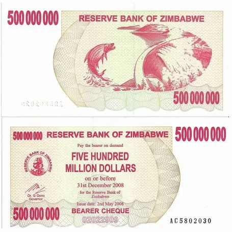 Dernier Modèle Billets banque Zimbabwe Pk N° 51 - 500000000 Dollars bearer