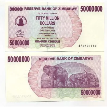 Billets collection Zimbabwe Pk N° 57 - 50000000 Dollars bearer Promotion Saisonnière