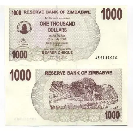 Billets banque Zimbabwe Pk N° 44 - 1000 Dollars bearer Meilleure Qualité
