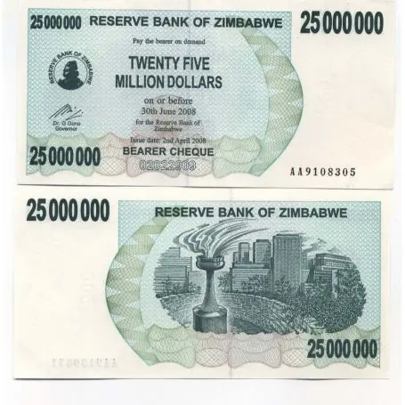 Billet de banque Zimbabwe Pk N° 56 - 25000000 Dollars bearer Must-Have