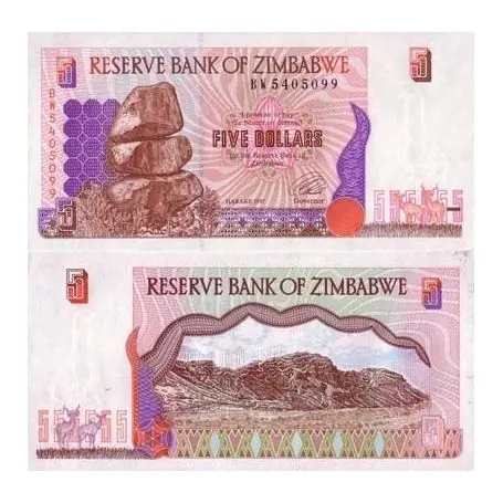 Petit Prix Billets collection Zimbabwe Pk N° 5 - 5 Dollars