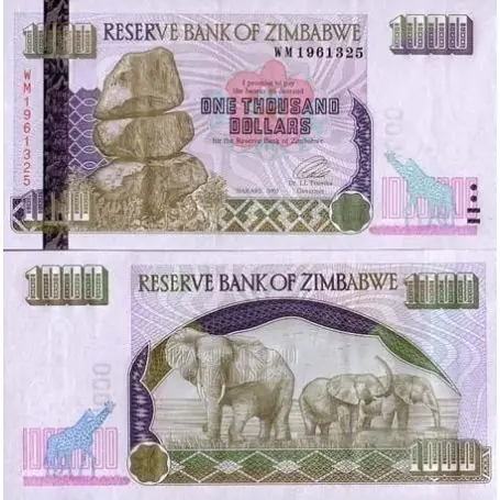 Billets de banque ZIMBABWE Pk N° 12 - 1000 Dollars Authentique