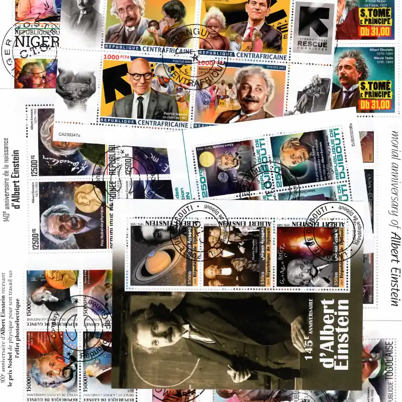 Vente Flash Albert Einstein 10 blocs feuillets de timbres thématiques.