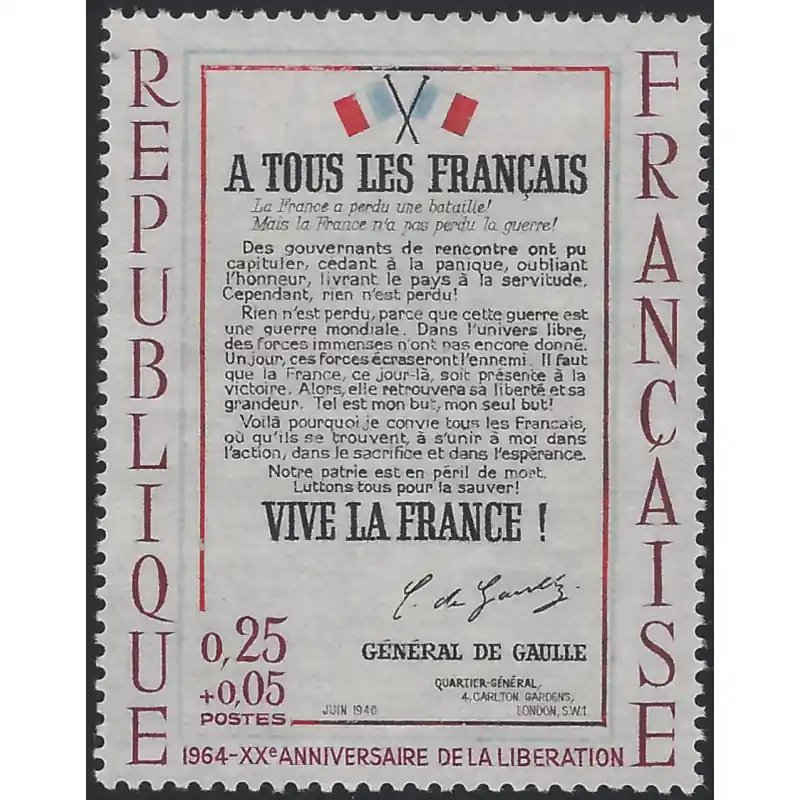 Libération timbre de France N°1408 variété neuf**. Prix Choc