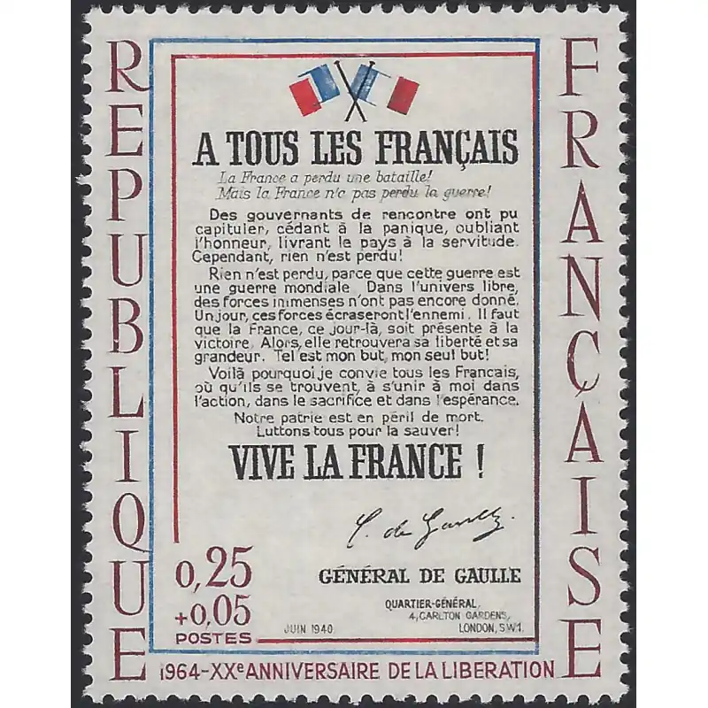 Libération timbre de France N°1408c variété neuf**. Garantie Incluse