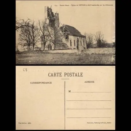 Carte postale 68 - Eglise de Seppois le Bas bombardee par les allemands Produit De Marque