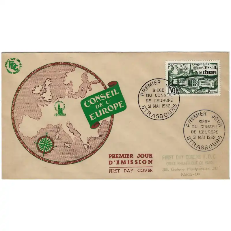 Bon Marché Conseil de l'Europe timbre de France N°923 oblitéré sur FDC.