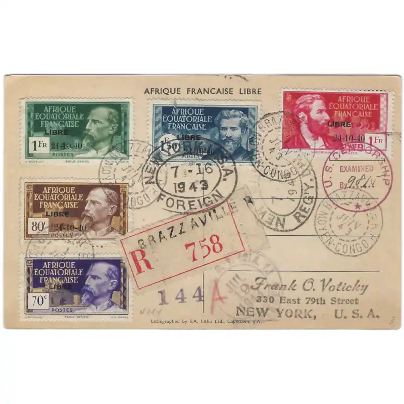 Garantie Incluse A.E.F. timbres N°140A-D oblitérés sur CP Brazzaville pour New York 1943.