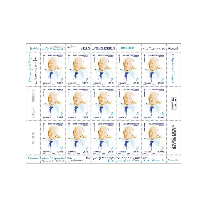 Authentique Timbre Jean d'Ormesson en feuillet de France N°F189 neuf**.
