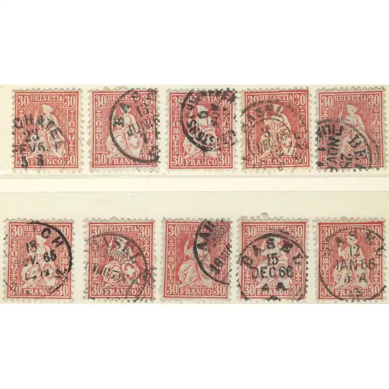 Pas Cher Suisse Helvetia assise timbre N°38 lot de 10 exemplaires pour étude.