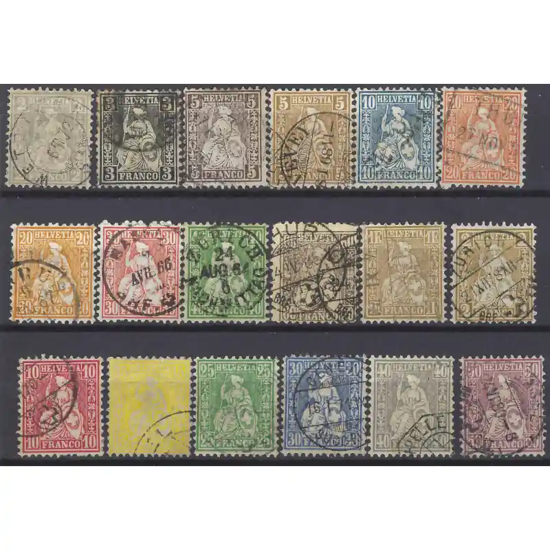 Livraison Mondiale Suisse Helvetia assise timbres N°33-48 séries oblitérés.