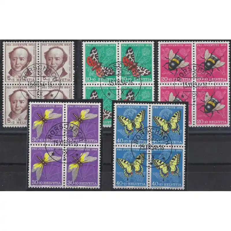 Produit De Marque Suisse timbres pour la jeunesse N°553-557 série en blocs de 4 oblitérés.