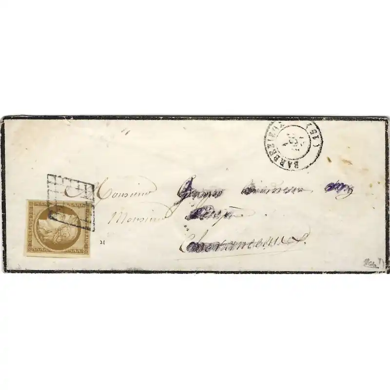 Cérès non dentelé N°1 oblitéré grille sur enveloppe de deuil 1851. Populaire
