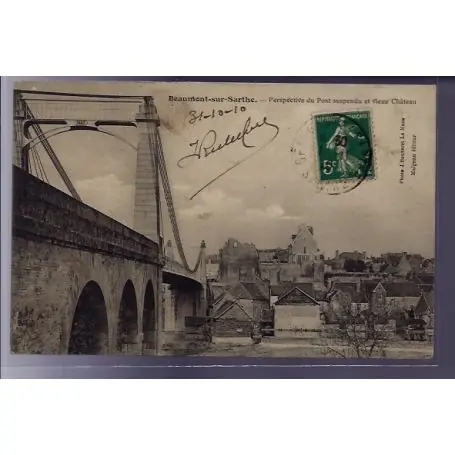 Carte postale 72 - Beaumont-sur-Sarthe - Perspective du Pont suspendu et vieux chateau - Vo Achat Immédiat