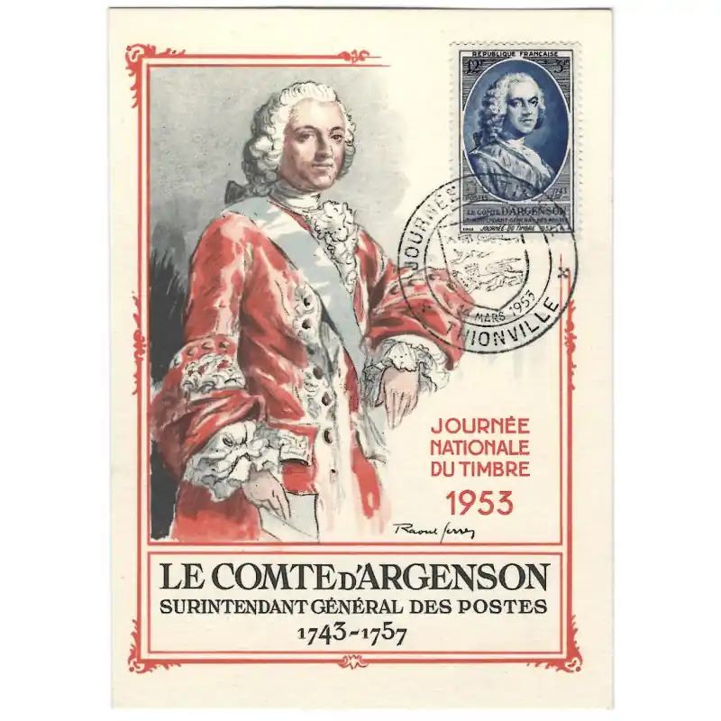 Livraison Mondiale Comte d'Argenson timbre de France N°940 oblitéré sur carte maximum.