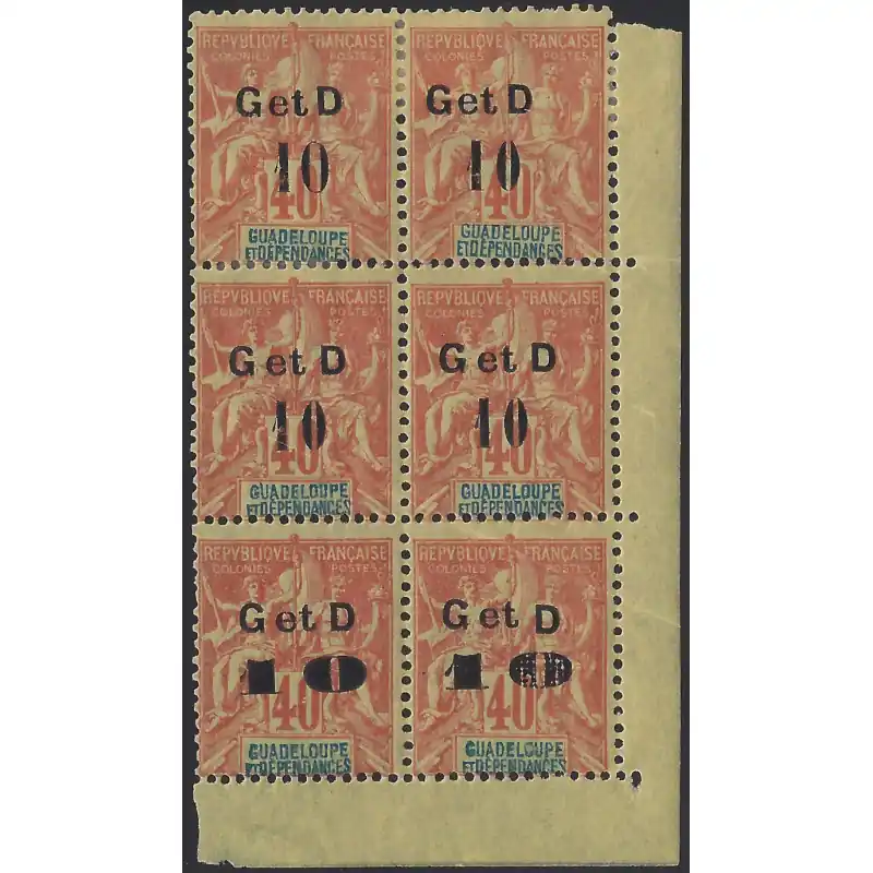 Produit De Marque Guadeloupe timbre N°46Dj variété dans un bloc de 6 cdf.