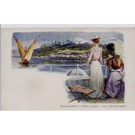 Retour Gratuit Carte postale 74 - Evian-les-Bains - Deux femmes au bord d'un lac - Non voyage - Dos non di