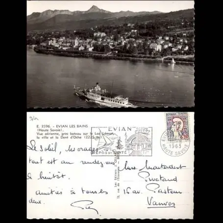 Achat Immédiat Carte postale 74 - Evians les Bains - Vue aerienne - Bateau sur le Leman - CPSM