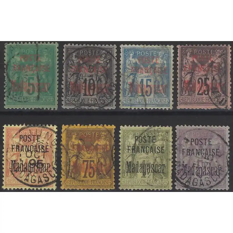 Madagascar et Dépendances lot de 8 timbres surchargés en 1895 oblitérés. Vente Directe