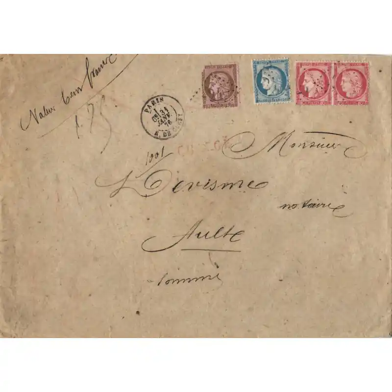 Lettre chargée de Paris affranchissement tricolore pour Ault 1878. Remise