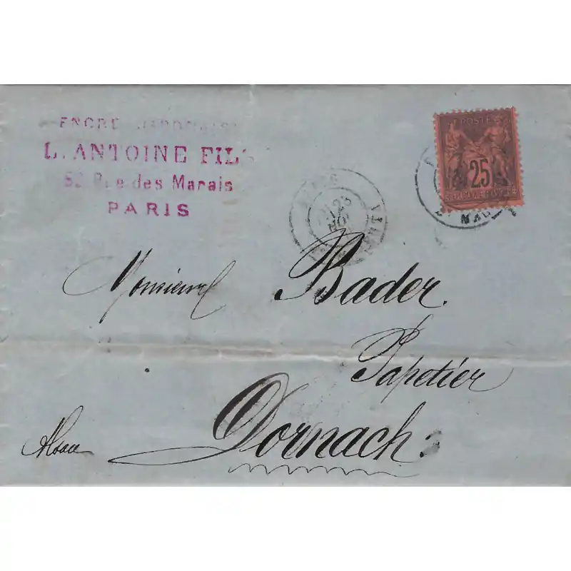 Type Sage N°91 oblitéré sur pli de Paris 23 novembre 1878. Usine Directe