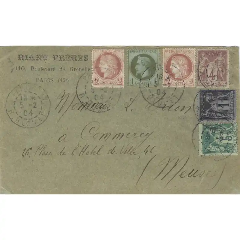 Affranchissement 5 couleurs sur lettre Paris pour Commercy 1904. Édition Limitée