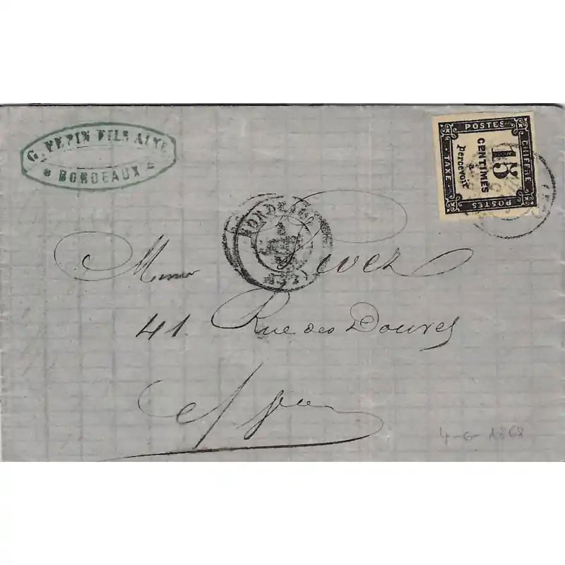 Timbre-taxe N°3B oblitéré sur pli de Bordeaux 1868. Offre Limitée