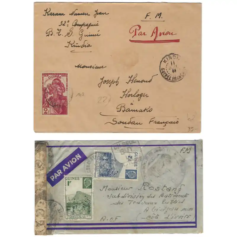 Guinée Française lot de 2 lettres franchise militaire affranchies. Fait Main
