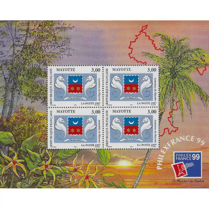 Bloc-feuillet de timbres de Mayotte N°1 Philexfrance 99 neuf**. Commander Maintenant