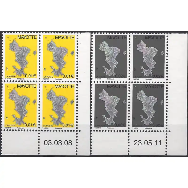 Carte de l'ile timbres de Mayotte N°150a-151a série en bloc coin daté neuf**. Expédition Rapide
