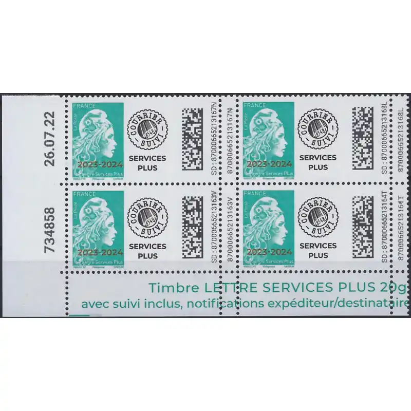 Marianne l'engagée timbre LSP surchargé 2024 en bloc coin daté neuf**. Édition Limitée