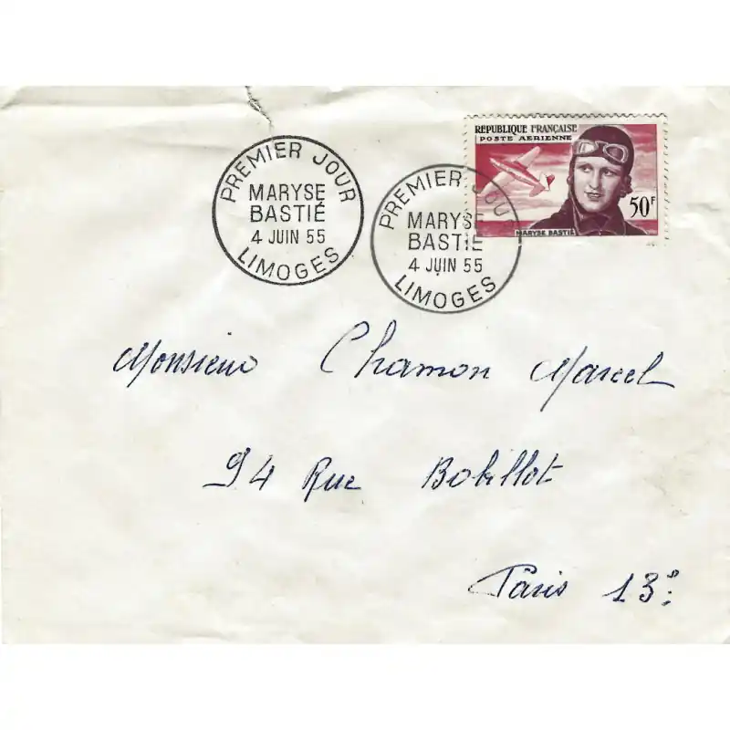 Certifié Maryse Bastié timbre poste aérienne N°34 oblitéré premier jour.