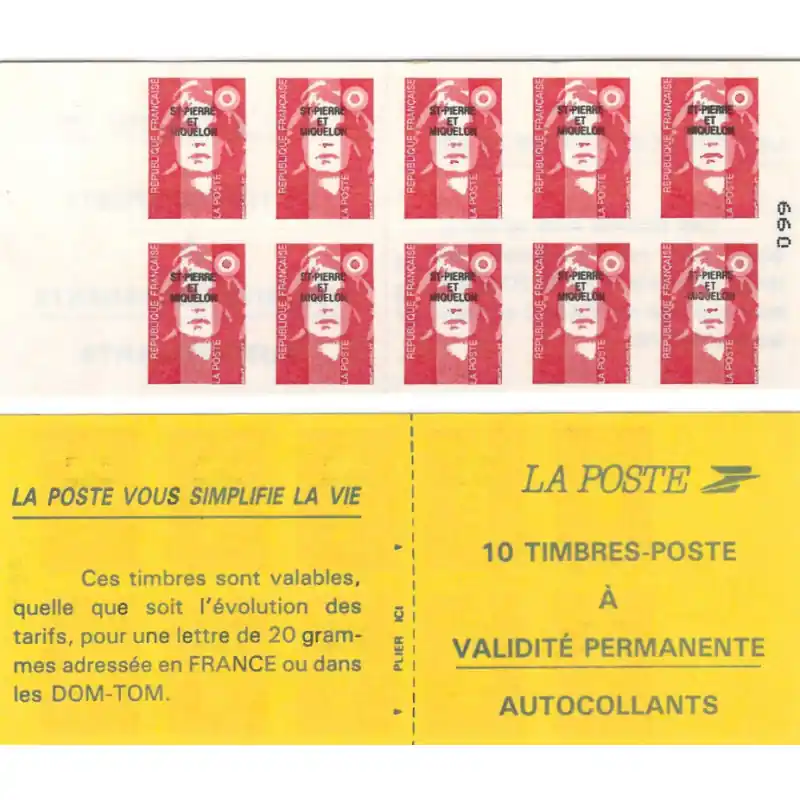 Livraison Gratuite Saint Pierre et Miquelon carnet de 10 timbres Marianne de Bicentenaire C590.