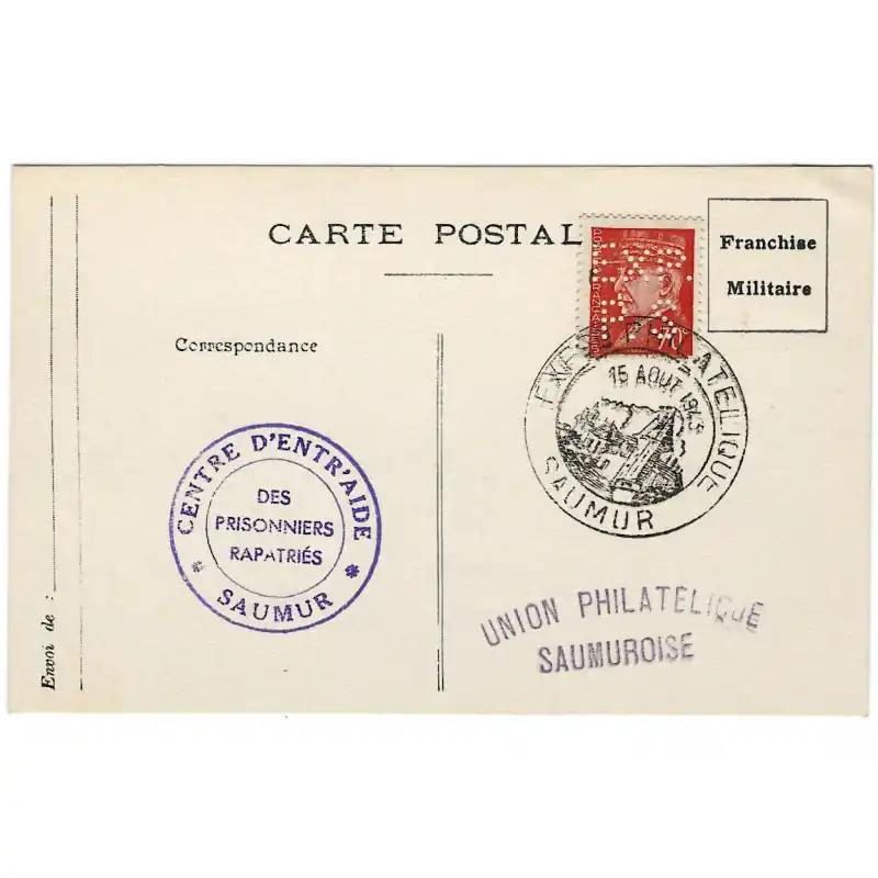 Marque Libération de Saumur timbre N°1 oblitéré sur carte franchise militaire.