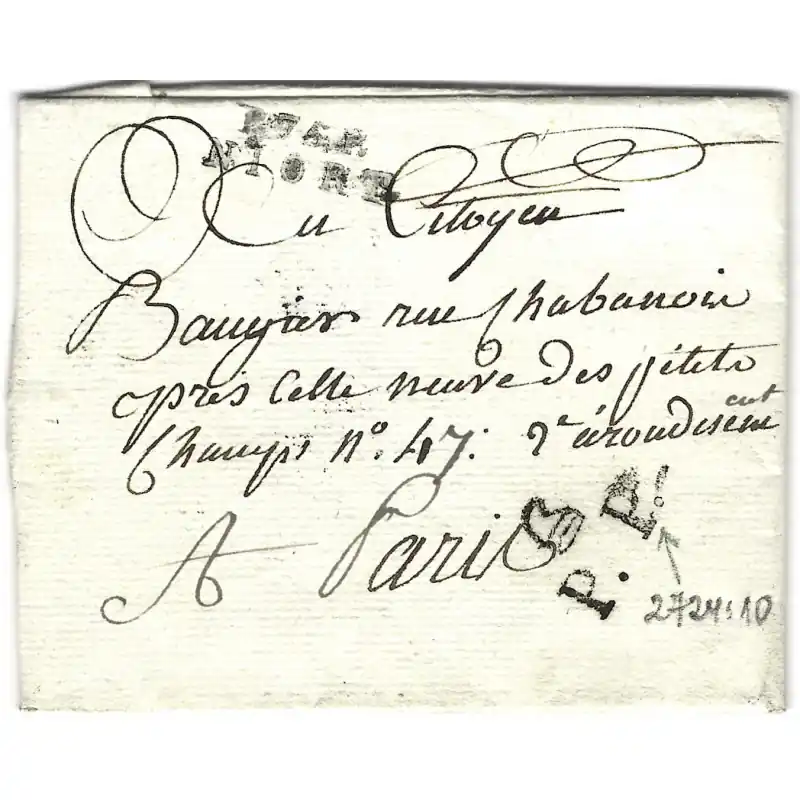 MP P.75.P. NIORT avec PP bonnet phrygien sur lettre pour Paris, 1799. R Prix Bas