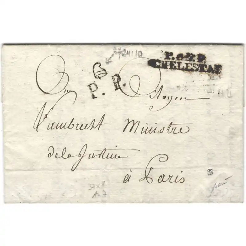 MP P.67.P. SCHELESTAT avec PP bonnet phrygien sur lettre pour Paris, An 7. R Livraison Mondiale