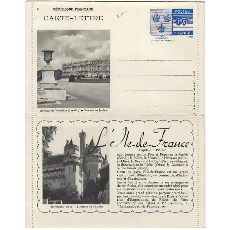 Carte-Lettre commémorative Armoiries de l'ile de France 1938. Expédition Rapide