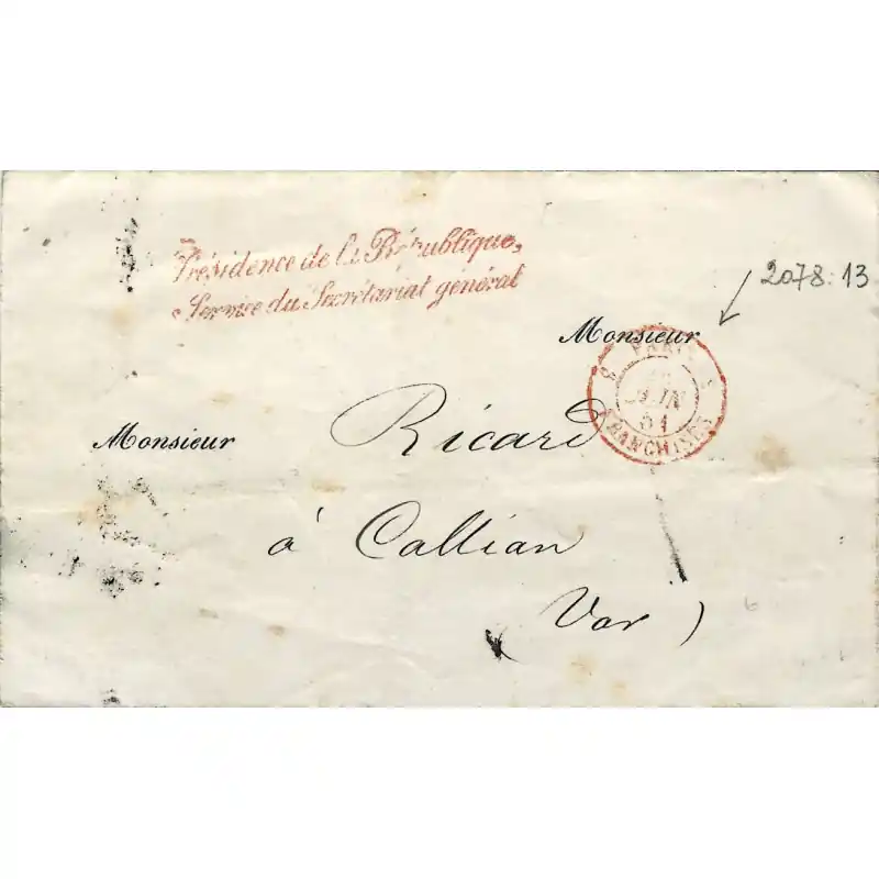 MP Franchise Présidence de la République sur pli pour Callian 1851. Paiement Sécurisé