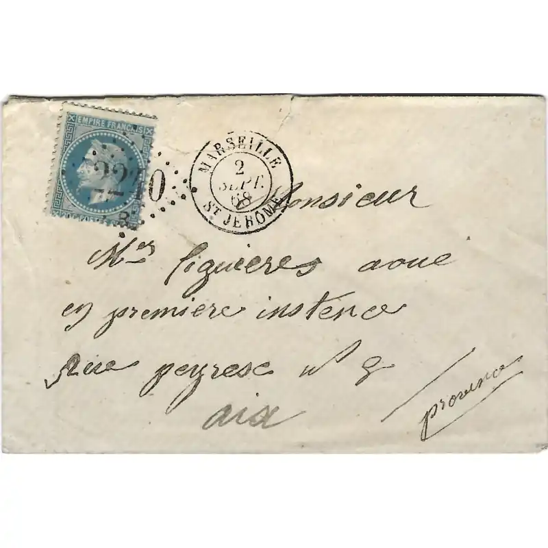 Losange GC 2240B Marseille St Jérôme sur lettre pour Aix 1868. R Original