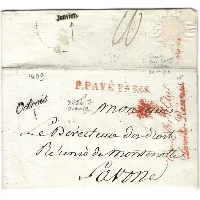 MP franchise Conseillier d'Etat Droit réunis sur lettre de Paris 1809. Prix Promo